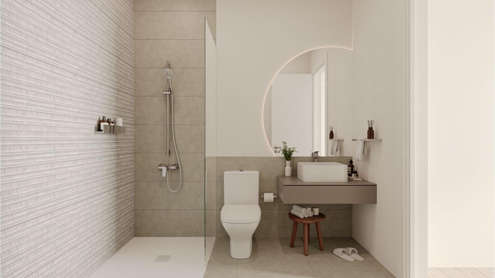 Moderne badkamer met douche en wastafelmeubel.