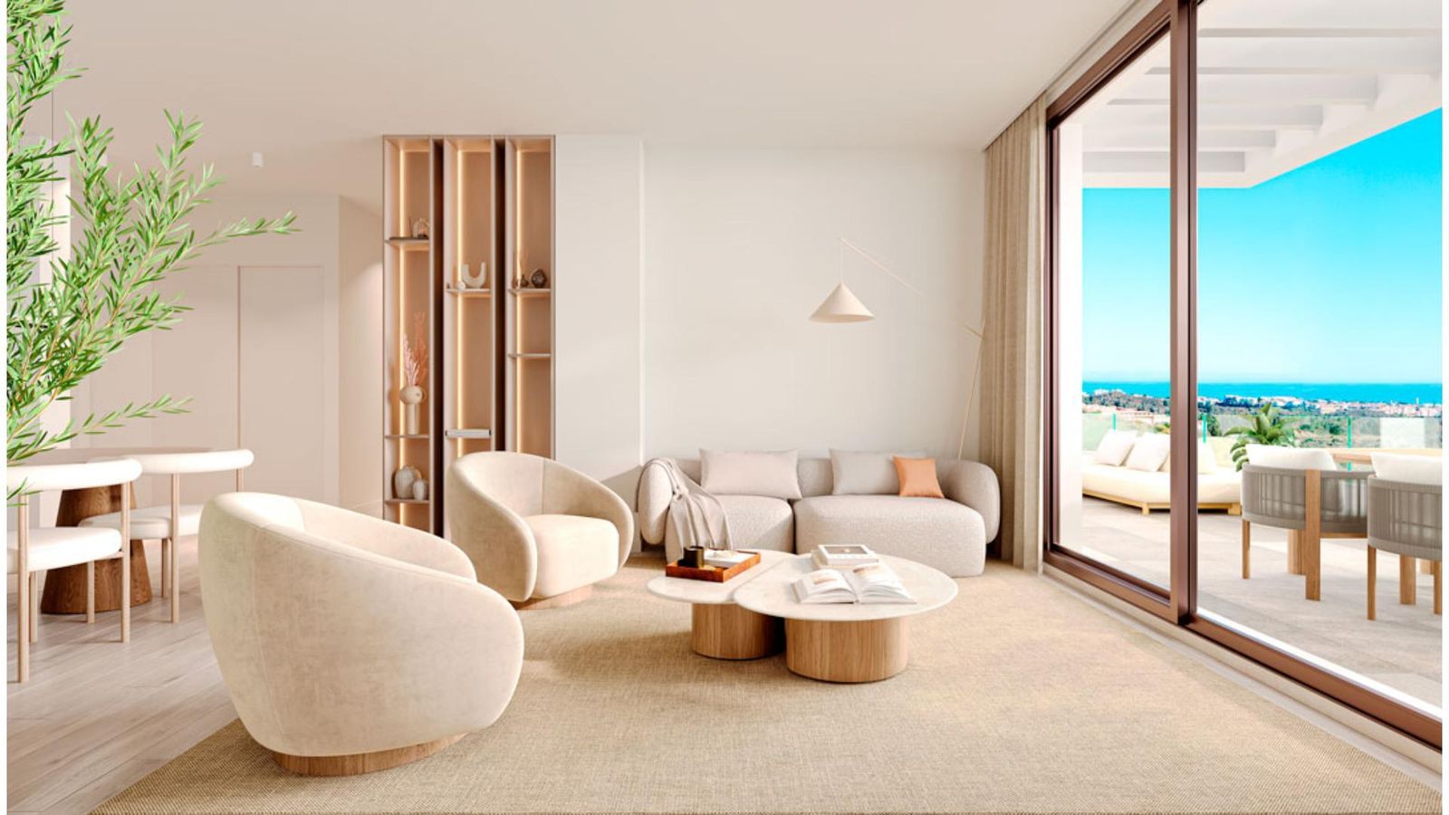Moderne woonkamer met uitzicht op de oceaan en beige meubels.