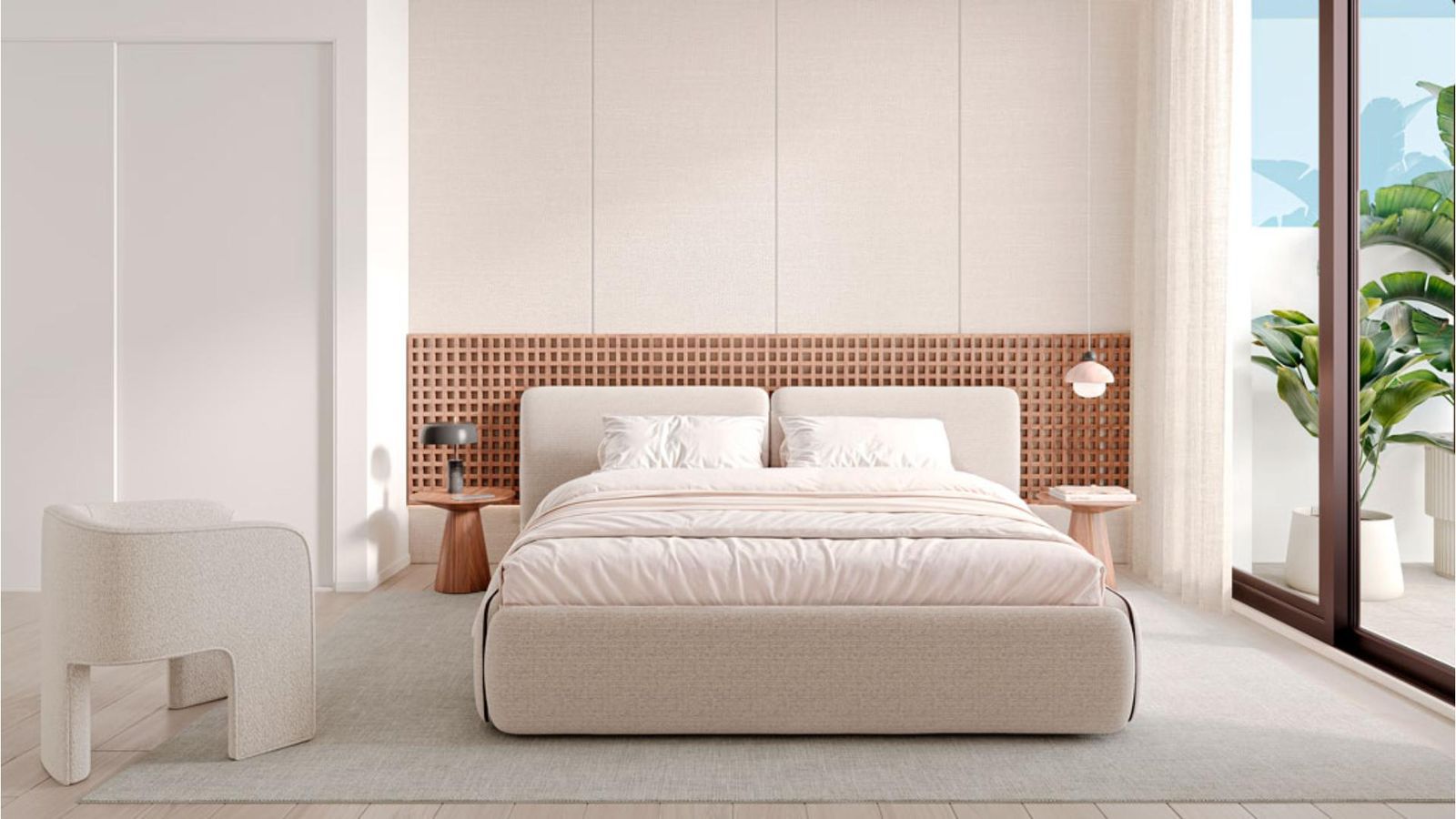 Moderne slaapkamer in neutrale tinten met houten accenten en veel licht.